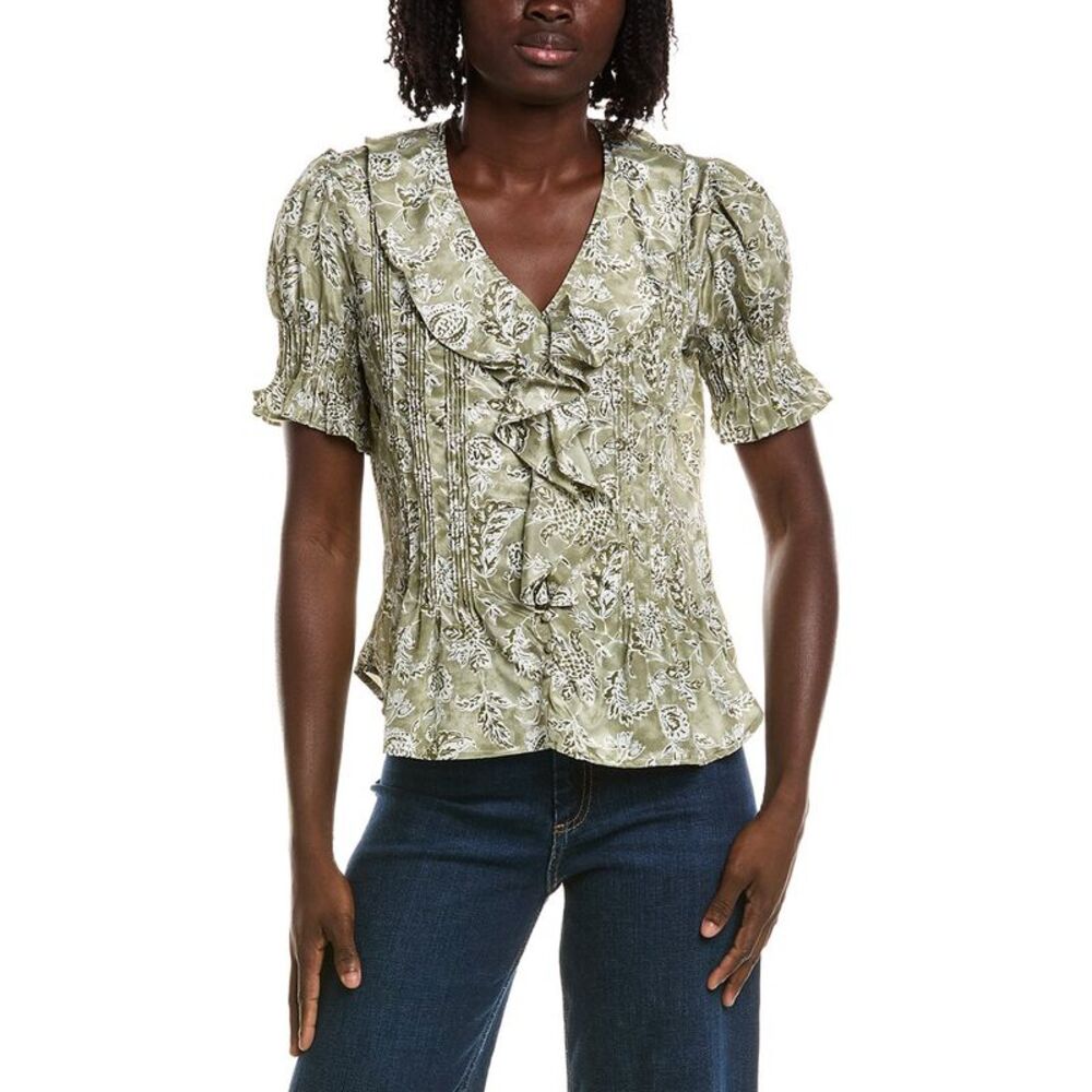 T Tahari Womens  Short Gathered Sleeve Ruffle Top, Green